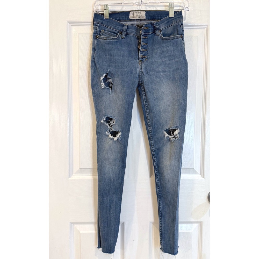 Free People Women's‎ Distressed Button Fly Skinny Jeans Size 26 Ripped Denim